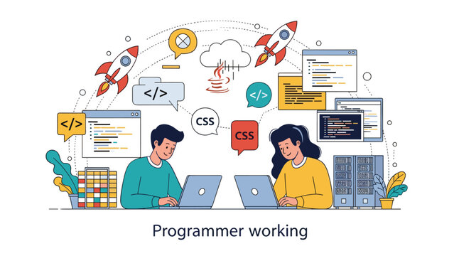 Professional software developers working on laptops surrounded by various programming icons like code snippets and tech symbols.