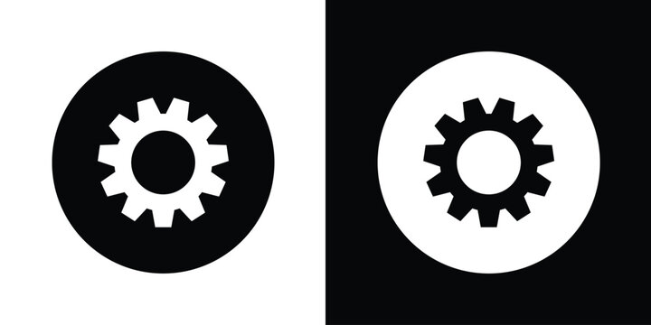 Cogwheel gear vector icon inside a circle button. Industrial mechanism symbol representing app settings, technical options, system maintenance, and options menu.