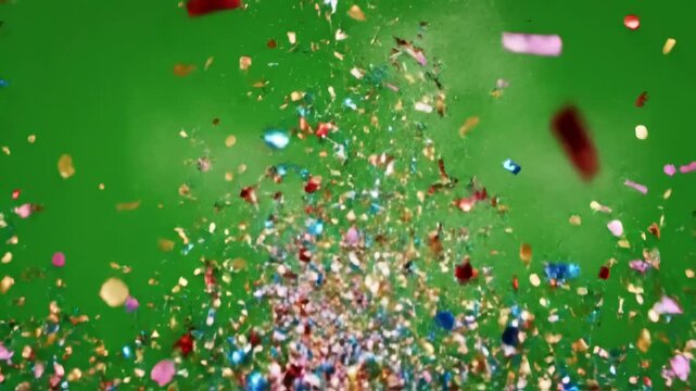 Green Screen 4k colorful confetti blast on scene 1 with distortion, overlay, glitch, static noise, scan lines black background, animated video loop