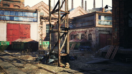 Rusty metal towers stand amidst crumbling buildings in an abandoned industrial area. Overgrown weeds and remnants of past life create a haunting yet intriguing atmosphere for explorers.