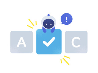 AIが最適解を選定。選択肢からベストな答えを導き出したロボットのベクターイラスト素材。