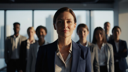 Fototapeta premium Business recruitment employment interview team in office, confident leader front focus, diverse staff support background, success mindset