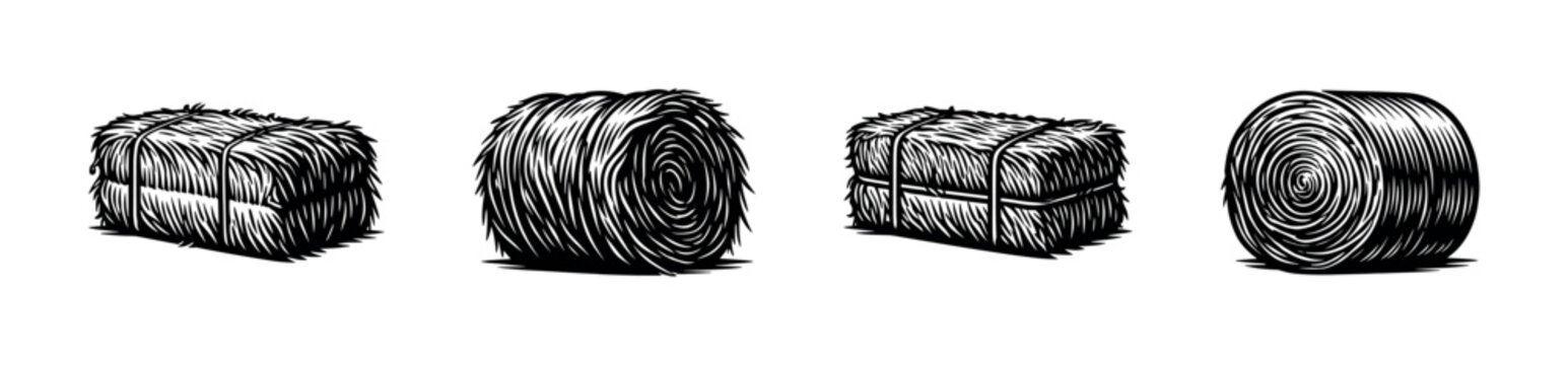 Flat vector icons set: hay bale collection, round and square straw bundles
