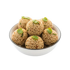 A bowl of sesame seed balls with green herbs on top isolated on transparent background