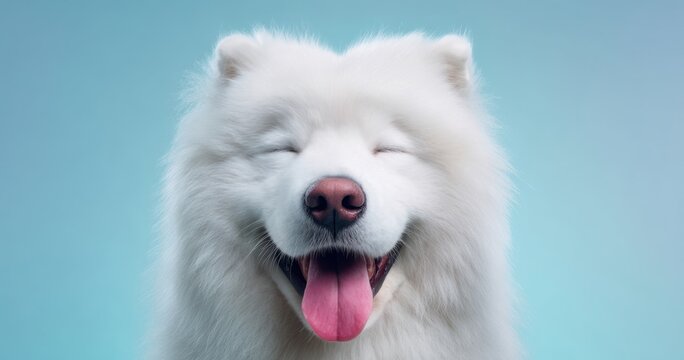The Samoyed dog smiling with eyes closed and tongue out on blue background