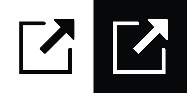 External link icon with arrow pointing out of a square box. Black and white linear symbol for redirect, share, export, and open in new window button for web design.
