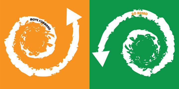 Split screen image of interconnected white arrows on orange and green backgrounds