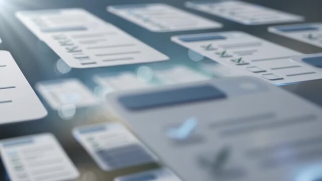 Floating task management cards. Cinematic visualization of task management cards floating over a blurred background, each card showing checkboxes and short task labels.