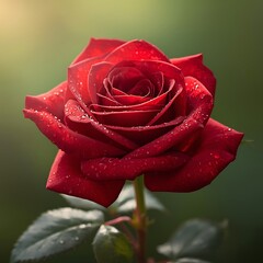 Close-up photograph of a vibrant red rose with dew drops, showcasing its intricate petal structure and lush green leaves in soft, natural light