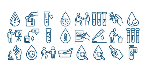 Medical laboratory blood, urine, sperm and stool test editable stroke outline icons set flat vector illustration. © sarcas