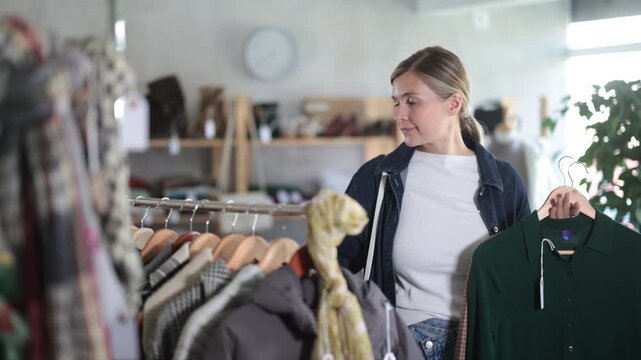 Positive young woman standing in interior of big clothing boutique and choosing dress for autumn-winter season 