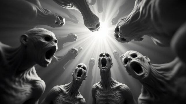 Terrifying human souls in purgatory, souls suffering in agony  

