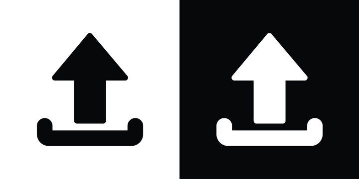 Clean solid upload icon featuring an upward arrow and tray. Professional symbol for data transfer, cloud sharing, and file publishing. Minimalist black and white vector for modern web design.