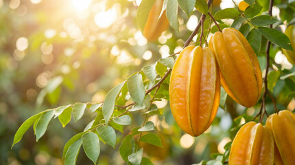 Caramboles m&ucirc;res et dor&eacute;es de forme &eacute;toil&eacute;e suspendues &agrave; une branche dans un verger tropical lumineux