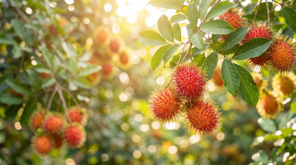 Titre
Grappes de ramboutans m&ucirc;rs et rouges suspendues &agrave; des branches avec des feuilles vertes dans un verger baign&eacute; par une lumi&egrave;re solaire chaleureuse
