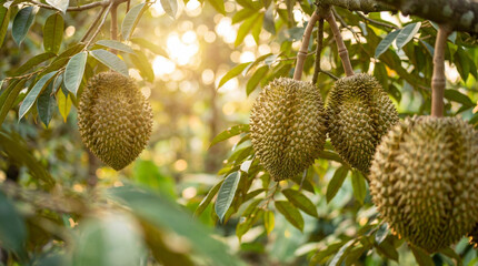 Plusieurs durians &eacute;pineux en pleine croissance suspendus aux branches d'un arbre dans une plantation tropicale avec un contre-jour lumineux