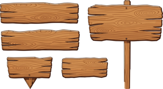 Rustic Wooden Signboard Collection with Blank Timber Planks and Directional Signpost for Western Game UI, Garden Labels, and Rural Information Display Designs