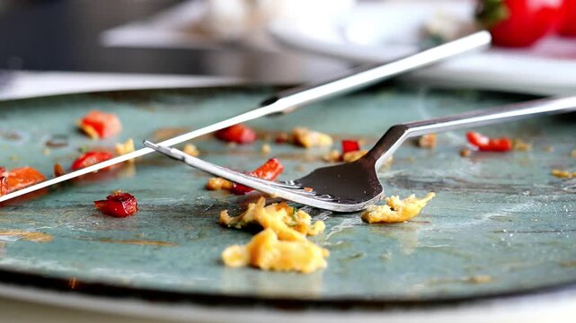 Close up view of dirty plate with food scraps and cutlery, showing leftovers after eating meal