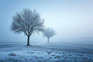 Winter Landscape With Two Trees Foggy Snow Photography