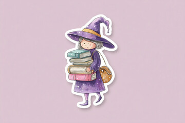 Witch Carrying Books Watercolor Sticker Illustration