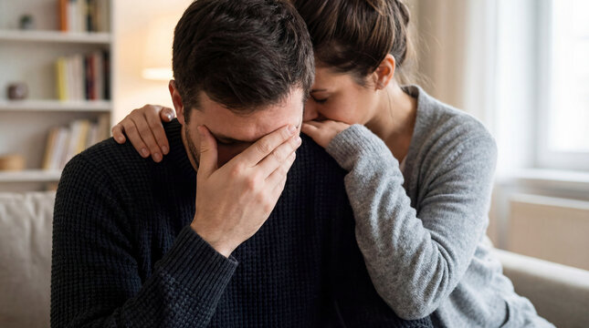 Sad man covering his face while experiencing emotional distress with female partner embracing him at home, giving him comfort and support