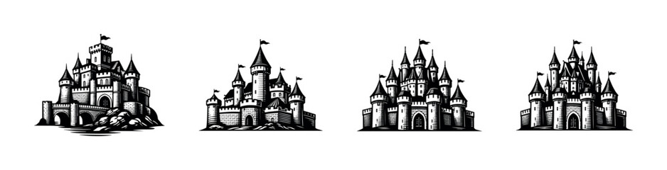 Obraz premium Castle designs collection: flat vector icons set featuring medieval fortress and tower illustrations