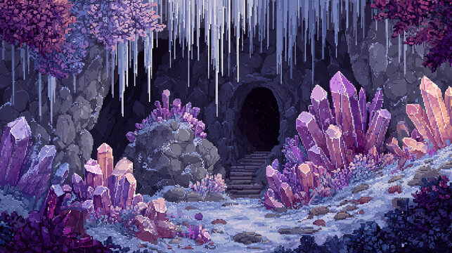 Pixel Art Cave Entrance with Icicles and Purple Crystal Formation Fantasy Scene