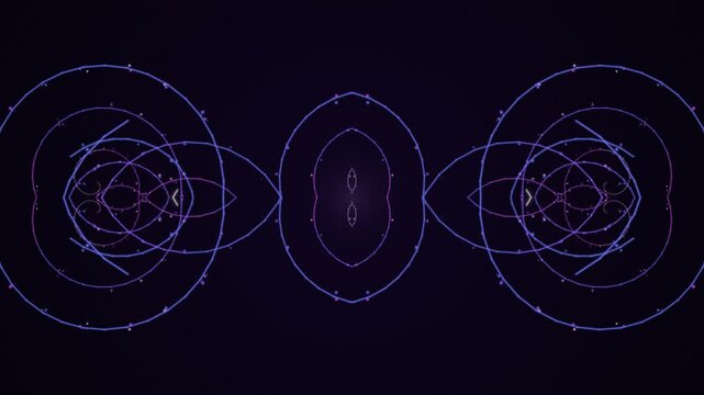 Geometric patterns of interconnected purple lines and shapes on a dark background