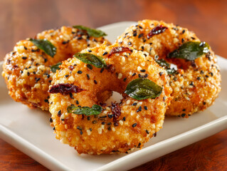 Fototapeta premium Delicious and crispy Indian savory lentil doughnuts garnished with curry leaves, dried red chilies, and sesame seeds served on a white rectangular plate