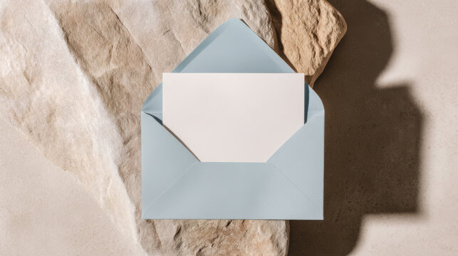 Minimalistic top view of a сraft blue paper envelope placed on a white marble background. Elegant stationery mockup for invitations or greetings. Generative AI