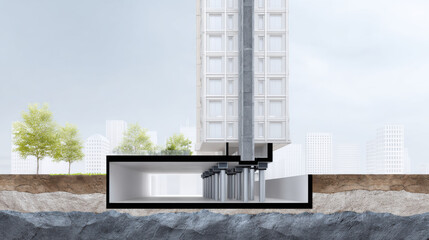 Architectural cross section model revealing underground foundation and building structure with soil layers and urban background