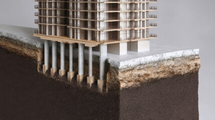 Architectural cutaway model revealing internal floors and base foundation with concrete pillars supporting building structure