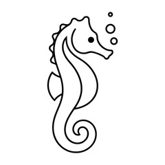 Obraz premium Seahorse line art vector illustration, minimalist black and white sea life icon with bubbles, ideal for coloring or logo design on white background.