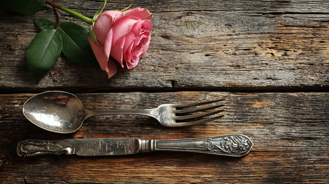 Vintage Celebration Table Setting with Retro Cutlery and Rose on Rustic Wooden Background