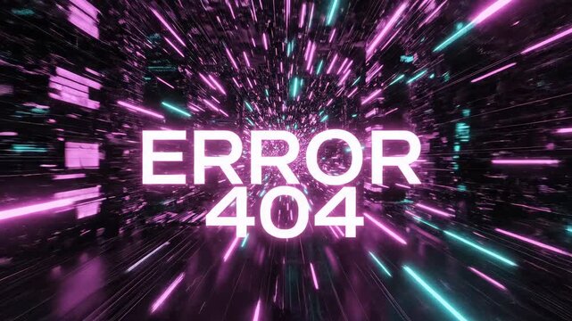 Critical system failure warning. Neon pink and blue light speed tunnel with glowing Error 404 text. Perfect for technology, internet, or server outage concepts.