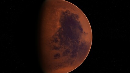 Fototapeta premium The image reveals Mars in vibrant reddish hues, highlighting its rocky surface and atmospheric features. Stars dot the black sky, creating a sense of vastness and discovery in space.