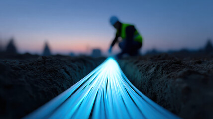 Glowing fiber optic cables glowing in trench with technician working at dusk, showing modern technology and connection