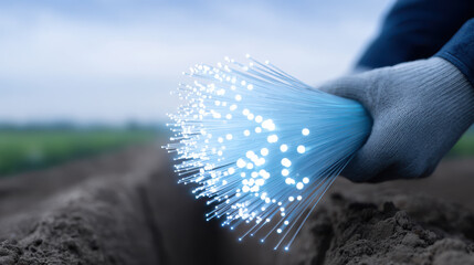 Fiber optic cable bundle glowing in technician hands with gloves outdoors in field for network installation