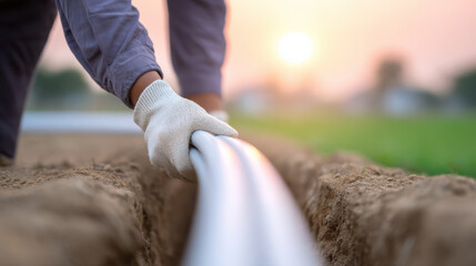 Close up of technician hands installing illuminated fiber optic cable in outdoor trench at sunset with green field background