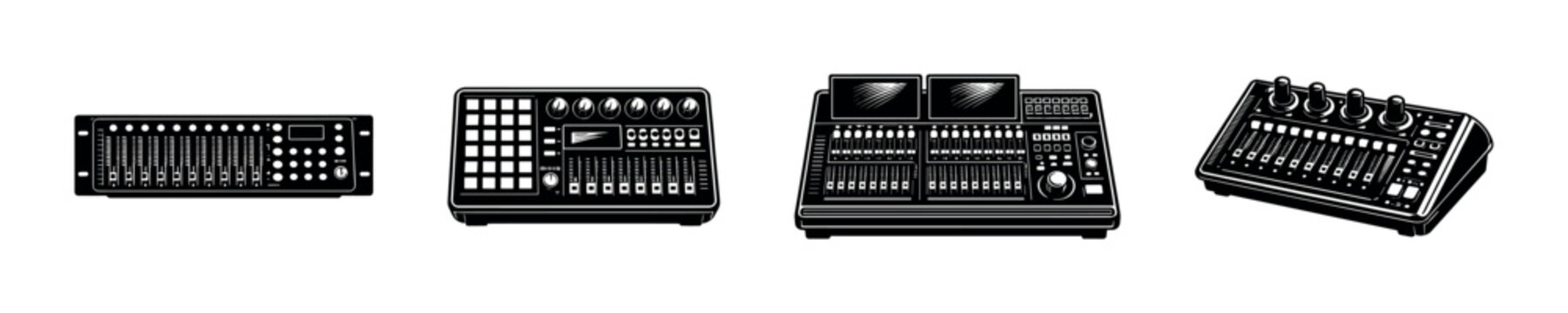 Flat vector icons set: audio mixer designs and sound control elements collection