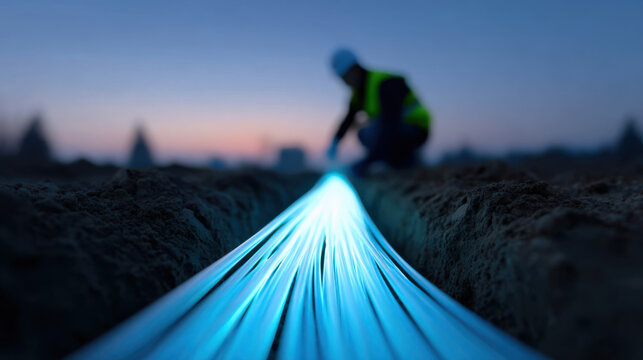 Glowing fiber optic cables glowing in trench with technician working at dusk, showing modern technology and connection