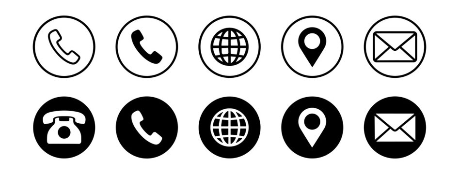 Contact communication icons set, phone call globe location and mail symbols in circle buttons vector isolated on transparent background