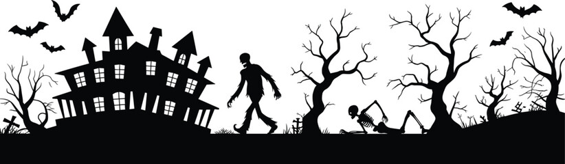 Halloween haunted house silhouette scene, spooky zombie skeleton graveyard trees bats and creepy horror night illustration