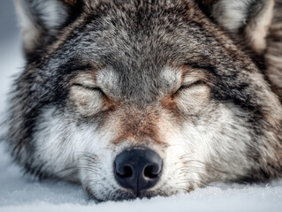 Obraz premium A peaceful wild wolf resting with eyes closed on snowy ground showcasing detailed fur texture and serene natural wildlife moment in winter environment