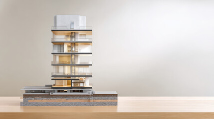 Modern architectural model with cross section showing interior design and structure of high rise building on wooden surface