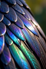 Obraz premium Close-up of iridescent feathers displaying vibrant blue, green, and purple hues with detailed textures and fine lines reflecting light.
