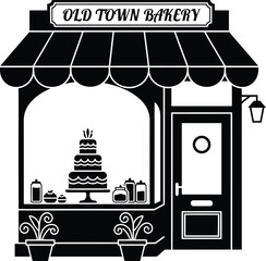 Obraz premium Old Town Bakery storefront black and white vector illustration.
