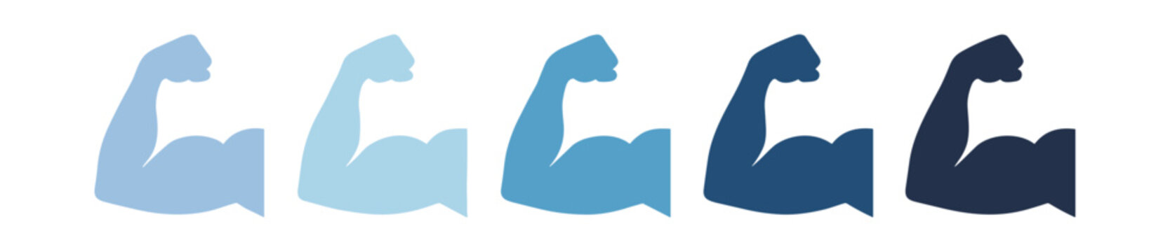 Strong muscle arm bicep flex icon set, fitness bodybuilding power silhouette symbols vector isolated on transparent background