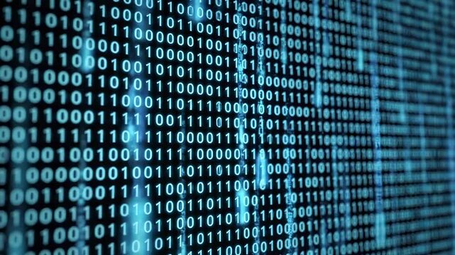 Digital data stream of blue binary code flowing down, illustrating cybersecurity and AI concepts.
