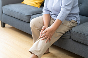 Body arthritis muscles stiff problem, aged woman suffering on leg, pain knee from disease chronic,...